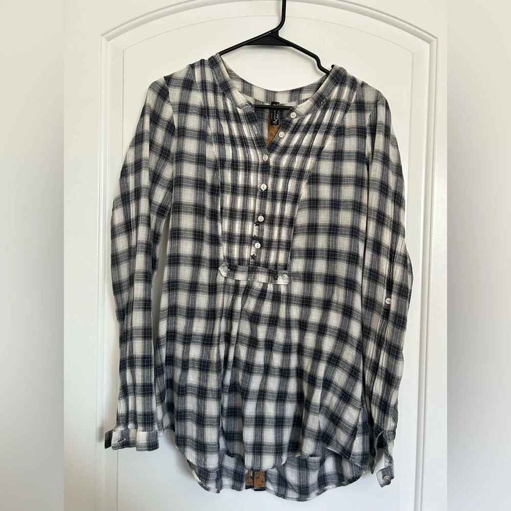 Free People Plaid Babydoll Button-Up Long Sleeve Shirt Size L boho cottagecore - Picture 2 of 11